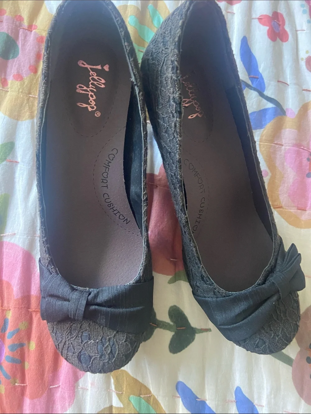 Jellypop Black Lace Retro Kitten Heel Bow Pumps 6.5